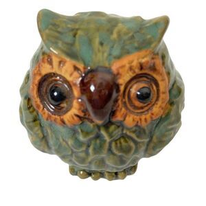 Owl Bird Small Figurine Green Ceramic Decorative Charming Little Glossy Finish